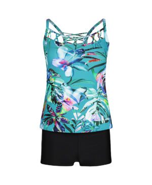 Ladies tankini cross tape neck Aqua green + black